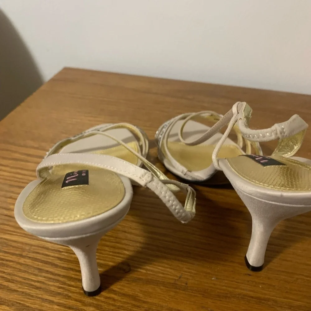 Nina Gathi Gold and Cream Strappy Low Heels wedding guest heels holiday party